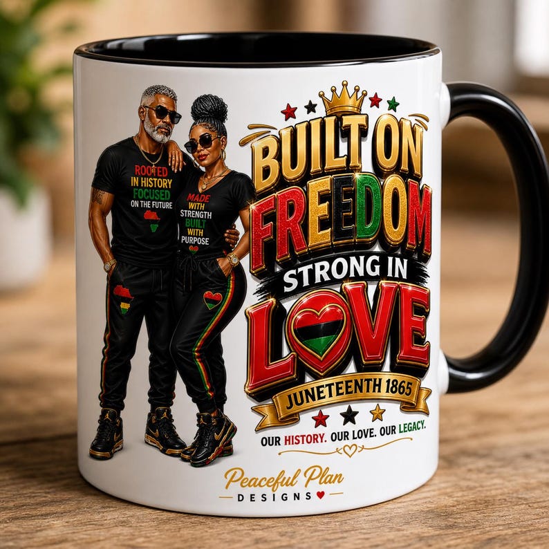 May include: White ceramic mug with a black interior and handle. The mug features a graphic of a couple and the words "Built on Freedom, Strong in Love, Juneteenth 1865." Additional text includes "Our History. Our Love. Our Legacy."