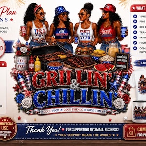 May include: A digital graphic design featuring four individuals at a barbecue with the text GRILLIN' & CHILLIN'. The image includes red, white, and blue patriotic elements, food items, and examples of the design printed on a t-shirt, mug, and tote bag.