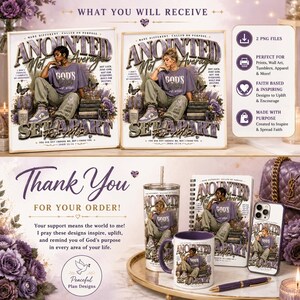 May include: An assortment of faith-based products, including framed prints, a tumbler, mug, notebook, phone case, and pen. The designs feature a person in a purple shirt with the words "Anointed Not Average, Set Apart For More". The image includes the text "Thank You For Your Order!"