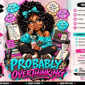 Puede incluir: Una ilustración digital de una persona con cabello oscuro rizado, gafas y un suéter color turquesa, rodeada de burbujas de pensamiento con texto como 'Did I lock the door?' y 'Probably Overthinking'. Incluye una computadora portátil, una taza de café y cuadernos.