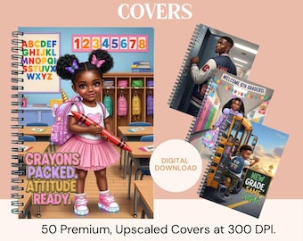 50 Back to School Notebook Covers for Kids | PNG Digital Downloads | Kindergarten to High School | 8.5x11 | Commercial Use