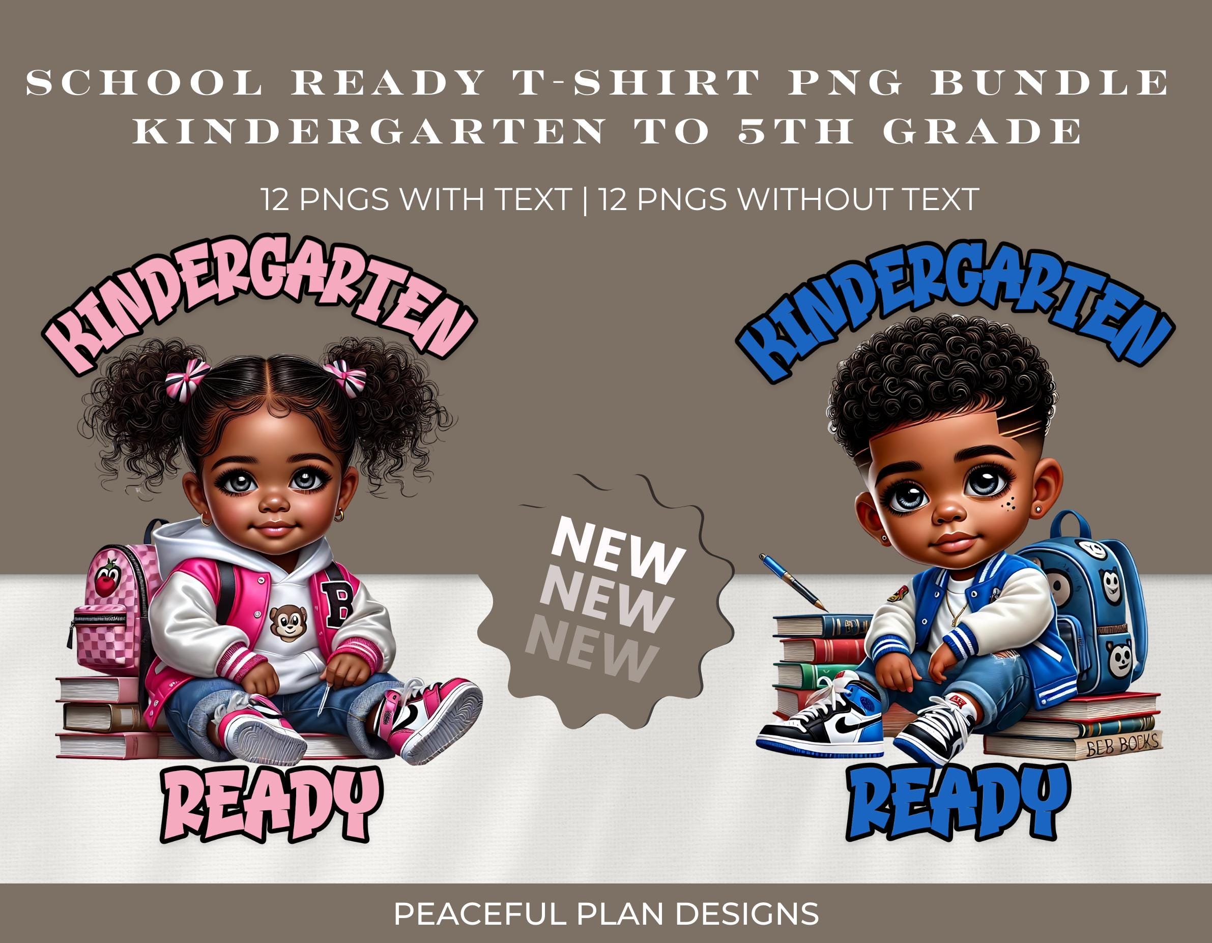 Digital Download | School Ready T-Shirt PNG Bundle | Adorable African American Design for Kindergarten to 5th Grade |