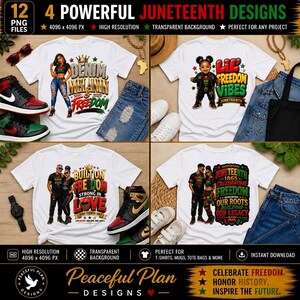 May include: A digital design featuring four white t-shirts with Juneteenth-themed graphics. Each shirt displays unique artwork with phrases like "Denim Melanin Freedom" and "Lil Freedom Vibes." The image includes jeans, sneakers, and accessories.