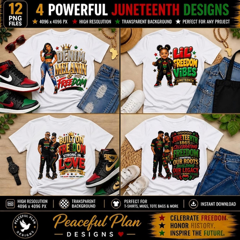 May include: A digital design featuring four white t-shirts with Juneteenth-themed graphics. Each shirt displays unique artwork with phrases like "Denim Melanin Freedom" and "Lil Freedom Vibes." The image includes jeans, sneakers, and accessories.