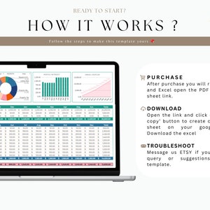 K&ouml;nnte beinhalten: Ein Laptop-Bildschirm zeigt eine Tabellenkalkulation mit Finanzdaten und Diagrammen. Die Tabellenkalkulation enth&auml;lt Spalten f&uuml;r Monate, Ausgaben und Einnahmen. Die Diagramme zeigen den monatlichen Umsatz, die Ausgaben und den Nettogewinn. Der Text auf dem Bildschirm lautet "2023" und "Wie funktioniert es?" Das Bild enth&auml;lt auch Text, der beschreibt, wie die Tabellenkalkulation gekauft und heruntergeladen werden kann.