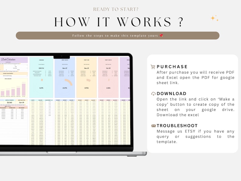 May include: A laptop screen displaying a colorful spreadsheet with the text "Data Calculations". The screen is surrounded by a white border and the laptop is on a white surface. The text "READY TO START?" and "HOW IT WORKS?" is displayed above the laptop. Below the laptop, there is a white box with the text "PURCHASE", "DOWNLOAD", and "TROUBLESHOOT" in black text.