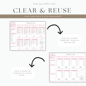 May include: A digital planner template with a pink and white colour scheme. The template is designed to help users plan their week and stay organised. The image shows two versions of the template, one with data filled in and one that is blank. The text "CLEAR TEMPLATE" is visible in a white box with a black outline.