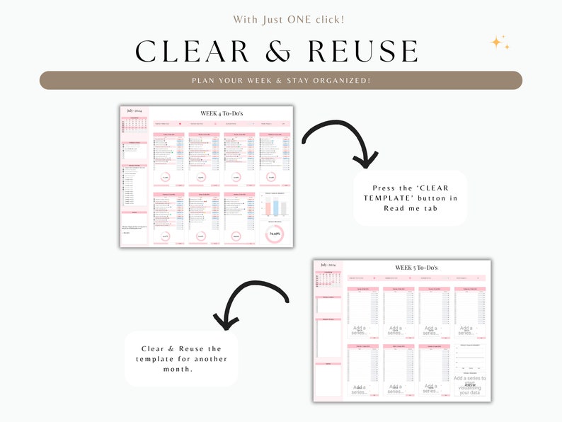 May include: A digital planner template with a pink and white colour scheme. The template is designed to help users plan their week and stay organised. The image shows two versions of the template, one with data filled in and one that is blank. The text "CLEAR TEMPLATE" is visible in a white box with a black outline.