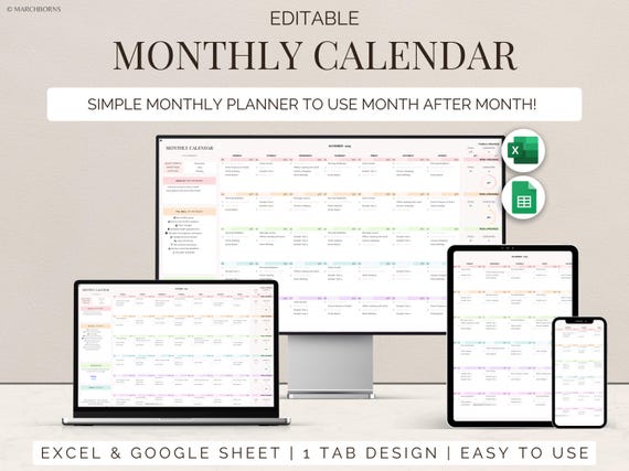 Excel Digital Calendar Google Sheets template monthly Task Planner productivity tracker activity to do list checklist spreadsheet goal to-do