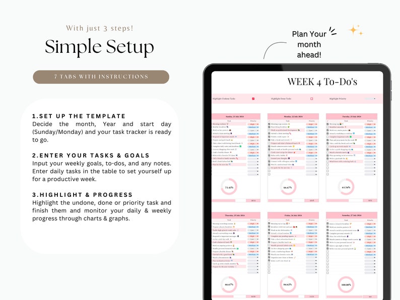May include: A digital planner template with instructions for setting up a weekly task tracker. The template includes sections for entering tasks, goals, and notes, as well as charts for tracking progress. The text on the screen reads "Simple Setup" and "Week 4 To-Do's".