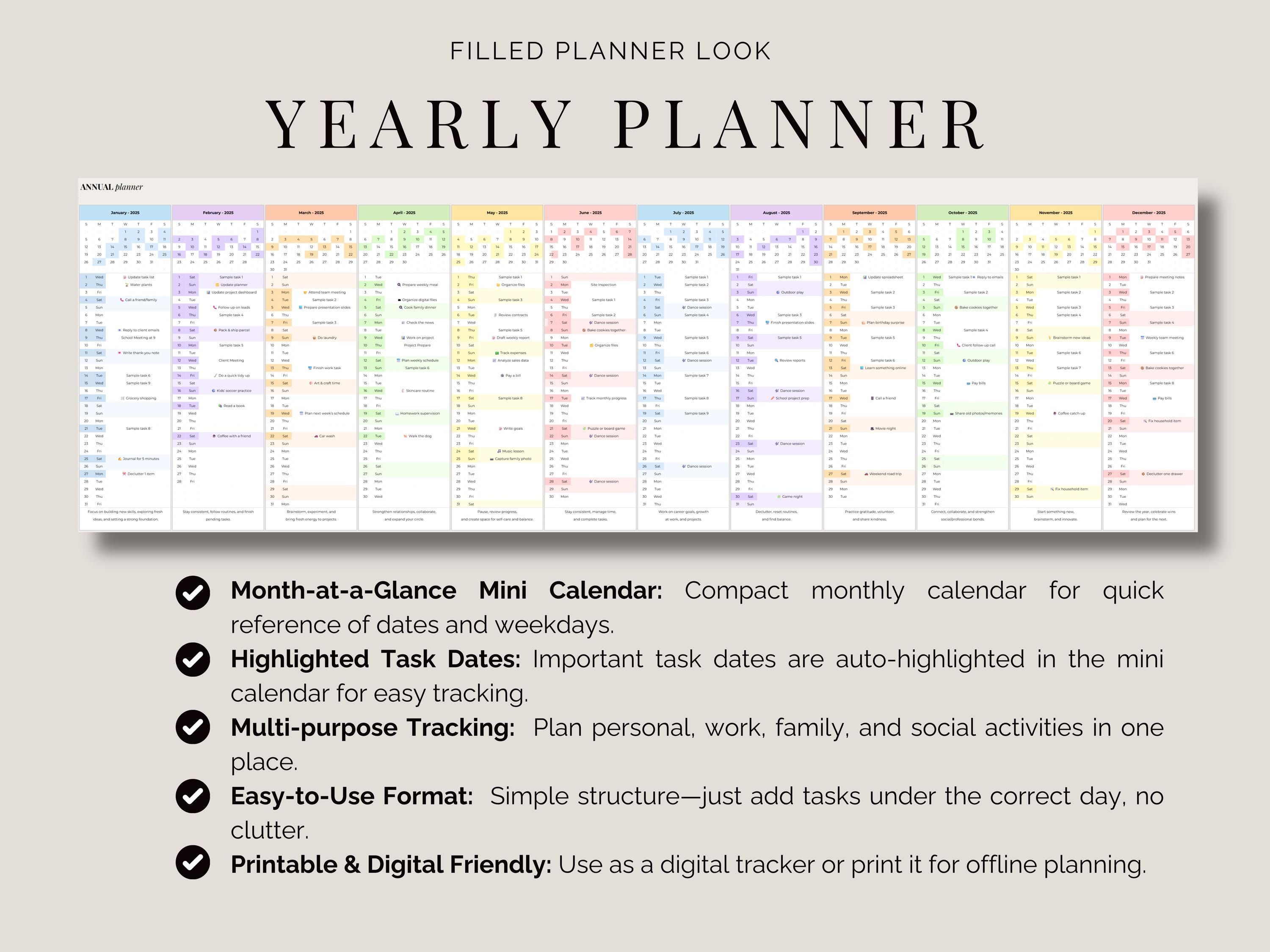 Year at a Glance Yearly Calendar Excel Template Annual Planner Google ...