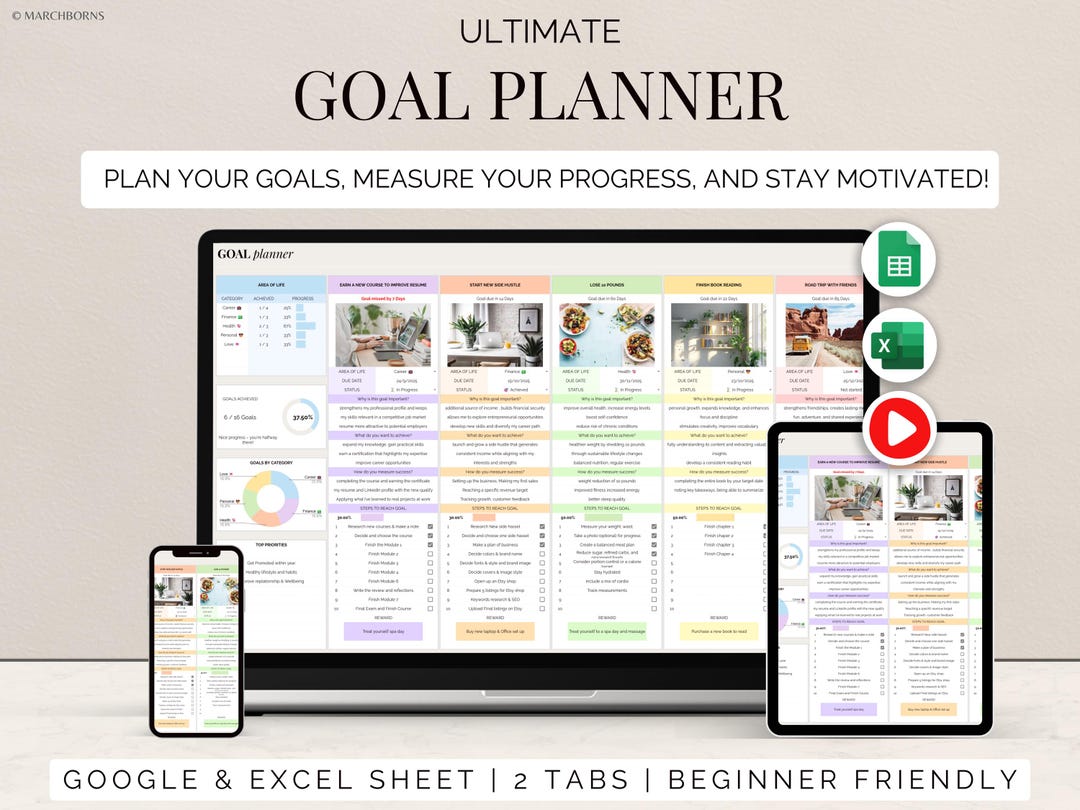 Goal Planner Google Sheets Monthly Yearly SMART Goals Setting Excel ...
