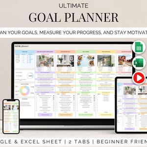 May include: A digital goal planner displayed on a laptop, tablet, and smartphone. The planner features colorful sections with text: "PLAN YOUR GOALS, MEASURE YOUR PROGRESS, AND STAY MOTIVATED!" and "GOOGLE & EXCEL SHEET | 2 TABS | BEGINNER FRIENDLY".