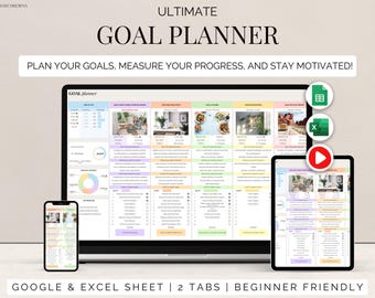 Goal planner google sheets monthly yearly SMART goals setting excel spreadsheet template new year resolutions Digital Productivity tracker