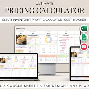 May include: A digital product display featuring a pricing calculator on various devices: a laptop, desktop monitor, tablet, and smartphone. The calculator includes charts and data tables. Text on the image reads "ULTIMATE PRICING CALCULATOR" and "EXCEL & GOOGLE SHEET | 5 TAB DESIGN | ANY PRODUCTS."
