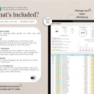May include: A digital task tracker displayed on a tablet. The screen shows a task management system with sections for upcoming tasks, progress, and categories. Text includes "What's Included?" and "Manage your tasks effortlessly."