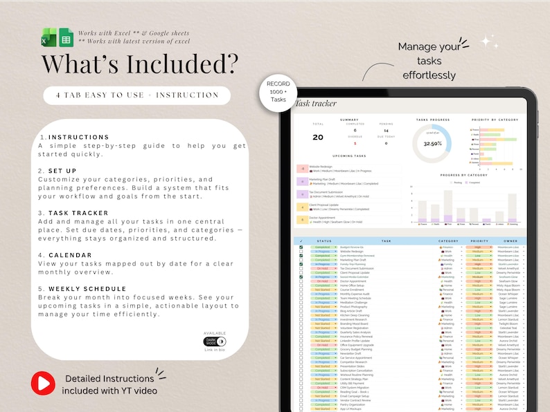 May include: A digital task tracker displayed on a tablet. The screen shows a task management system with sections for upcoming tasks, progress, and categories. Text includes "What's Included?" and "Manage your tasks effortlessly."