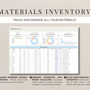 May include: A digital spreadsheet titled "MATERIALS INVENTORY" with charts and data tables. The text "TRACK AND MANAGE ALL YOUR MATERIALS!" is above the spreadsheet. Features include inventory management, seamless integration, and color-coded status.
