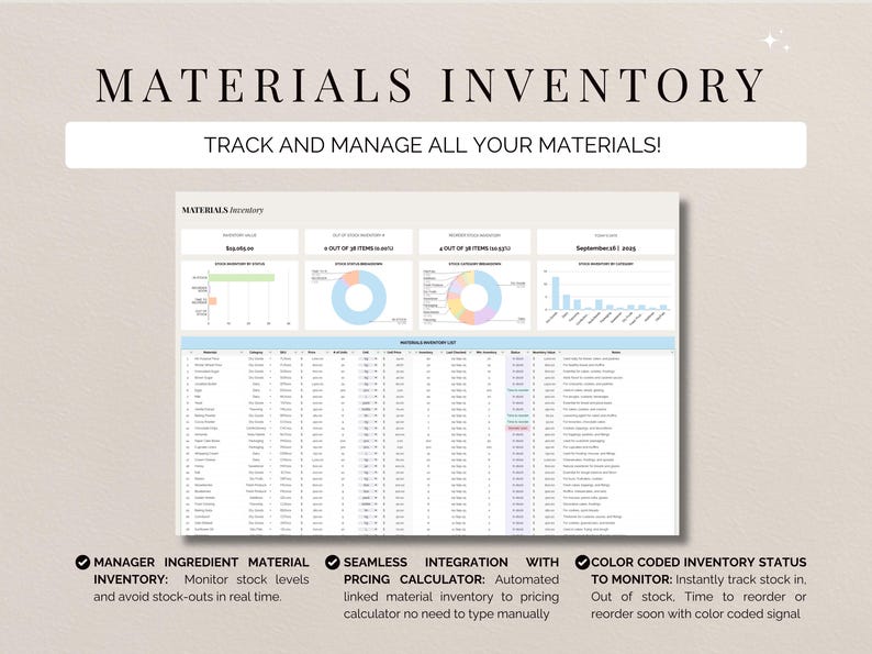 May include: A digital spreadsheet titled "MATERIALS INVENTORY" with charts and data tables. The text "TRACK AND MANAGE ALL YOUR MATERIALS!" is above the spreadsheet. Features include inventory management, seamless integration, and color-coded status.