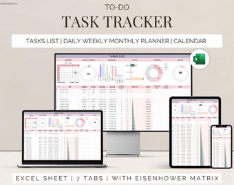 May include: A digital task tracker spreadsheet with seven tabs, including a tasks list, daily, weekly, and monthly planner, and a calendar. The spreadsheet is designed in a pink and grey colour scheme and includes an Eisenhower Matrix. The text "TO-DO TASK TRACKER" is at the top of the image. The text "TASKS LIST | DAILY WEEKLY MONTHLY PLANNER | CALENDAR" is below the title. The text "EXCEL SHEET | 7 TABS | WITH EISENHOWER MATRIX" is at the bottom of the image.
