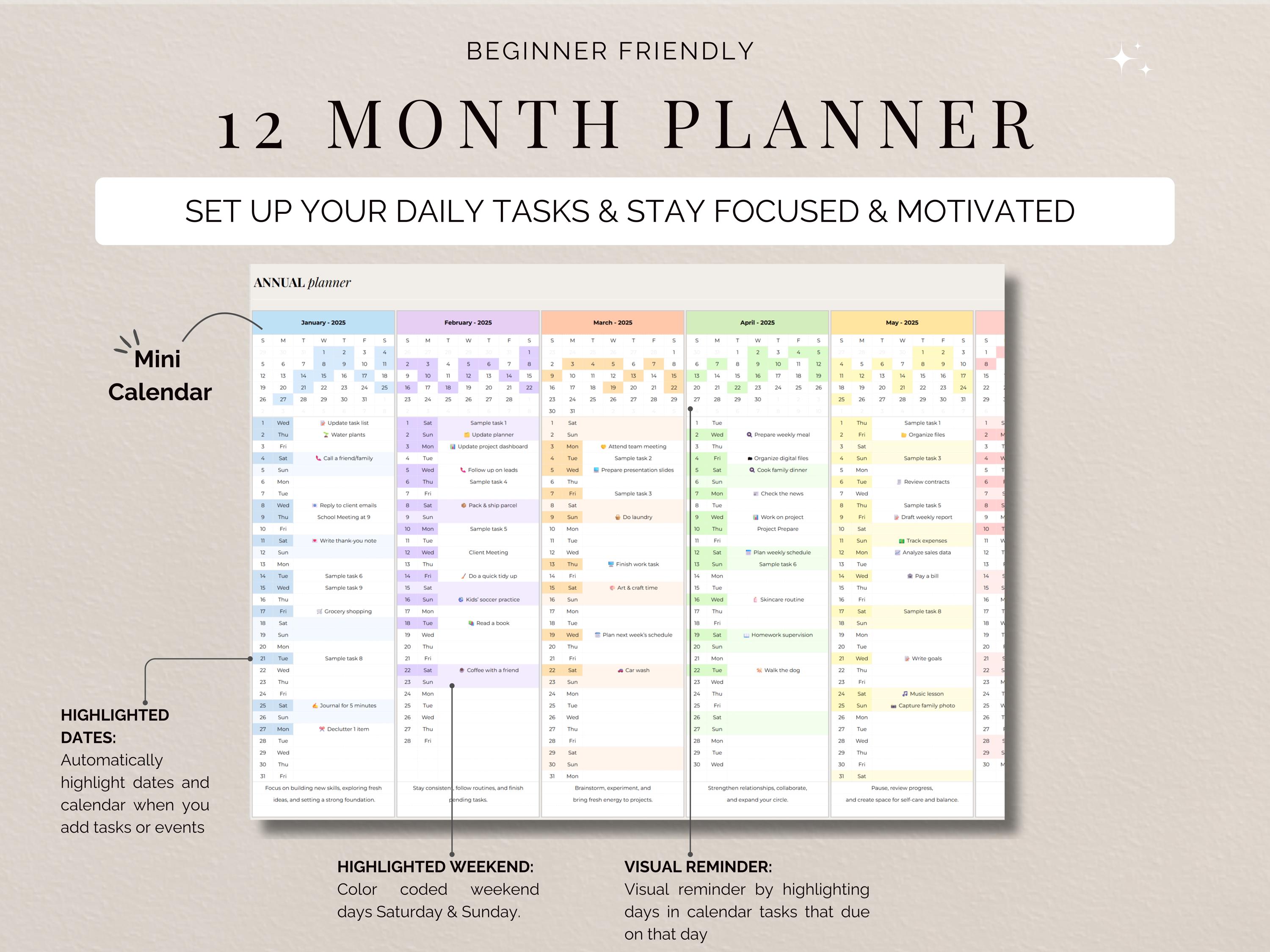 Year at a Glance Yearly Calendar Excel Template Annual Planner Google ...
