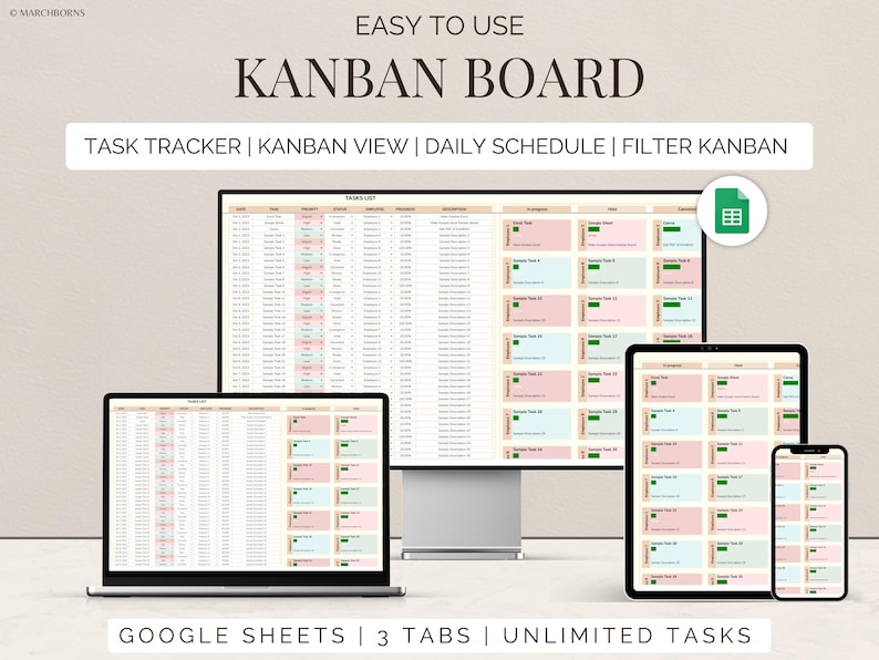 Kanban Board Google Sheets Template Project Management Work Organizer ...