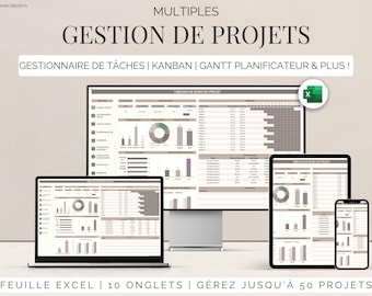 Op de afbeelding: Een digitale projectmanagement sjabloon weergegeven op een laptop, desktopmonitor, tablet en smartphone. De schermen tonen grafieken en diagrammen. Tekst omvat "Gestion de Projets", "Gestionnaire de Tâches" en "Feuille Excel".