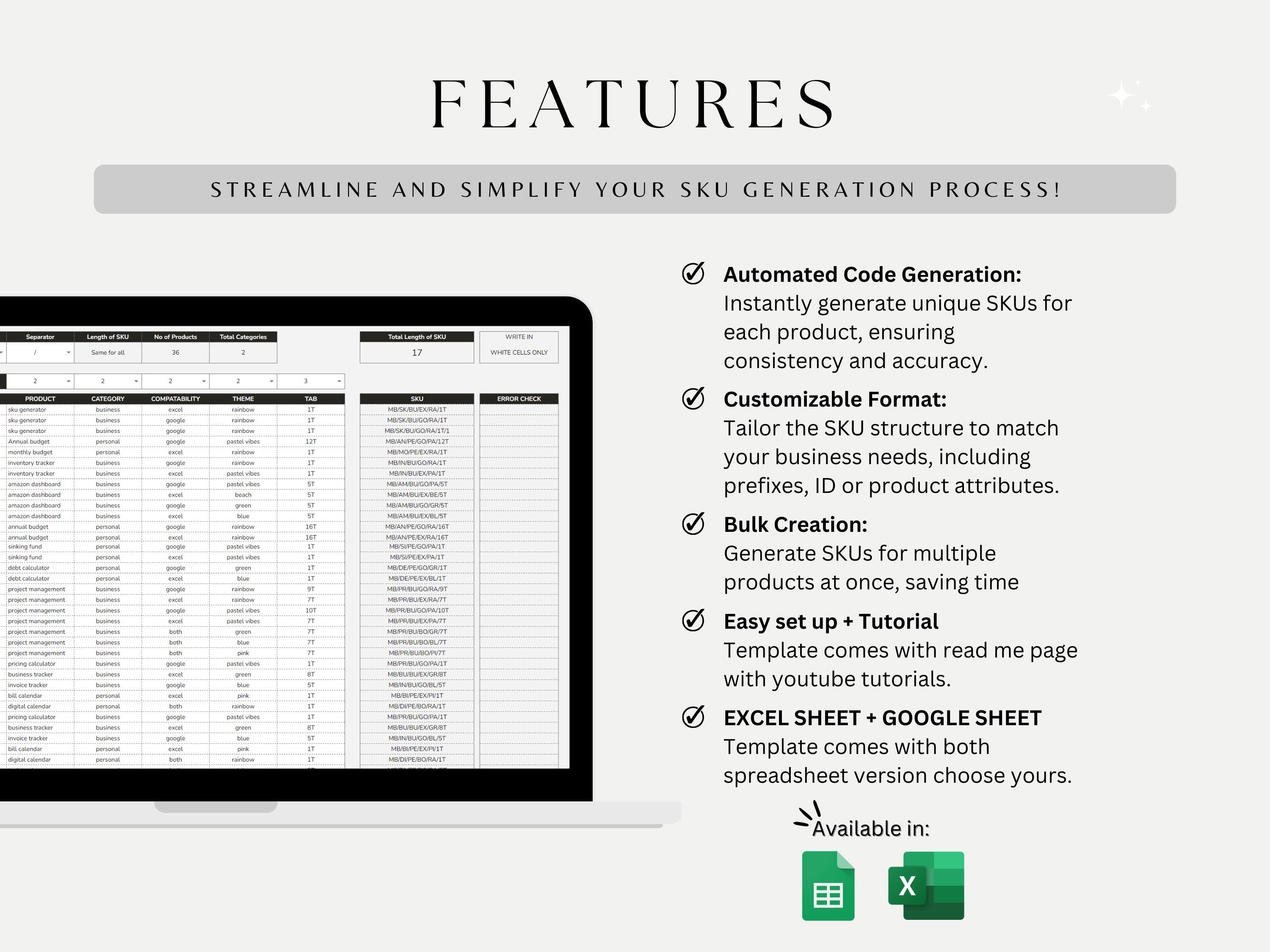 SKU Code Generator Excel & Google Sheets Template Ecommerce Inventory ...