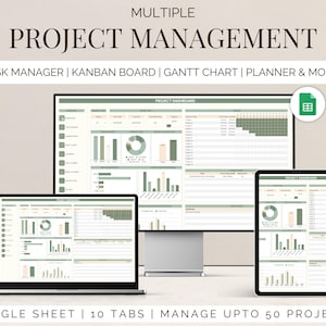 Può includere: Uno schermo di computer che mostra un foglio di calcolo di Google con un cruscotto di gestione dei progetti. Il cruscotto ha più schede, tra cui un gestore di attività, un pannello Kanban, un diagramma di Gantt e un pianificatore. Il foglio è progettato per gestire fino a 50 progetti. Il testo sullo schermo dice "PROJECT DASHBOARD" e "GOOGLE SHEET | 10 TABS | MANAGE UPTO 50 PROJECTS".