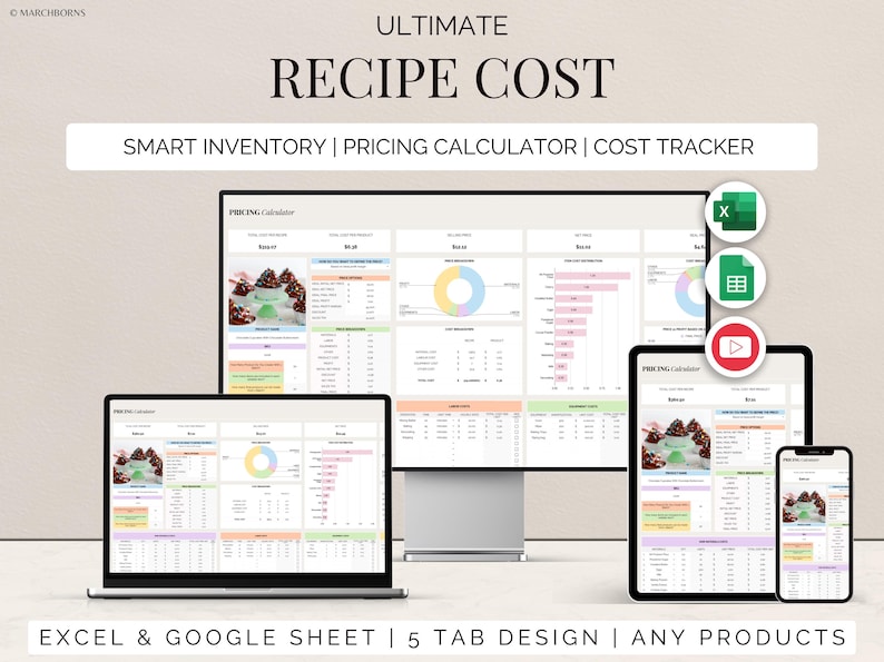 Excel and Google Sheets recipe cost calculator template for small business pricing, handmade business, bakery, and crafts. Includes profit margin spreadsheet, cost per unit calculator, and pricing strategy tool for artisans and food producers. Digital pricing template helps track product cost, create price lists, and calculate profit. Simple, editable, and perfect for bakers, makers, and shop owners