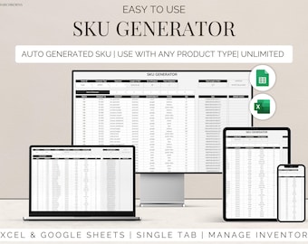 Excel sku code generator for physical digital product e-commerce business SKU codes google sheets template digital inventory management tool