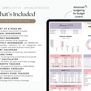May include: A digital budget planner with 23 tabs, including a setup guide, annual and monthly dashboards, a smart calendar, sinking fund, debt calculator, net worth tracker, investment forecast, emergency fund tracker, and a money challenge. The planner includes a pink and gray color scheme and a total income of $4000.