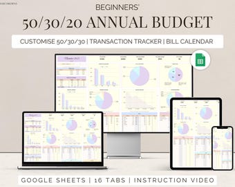 Beginner's 50/30/20 Budget Template: Annual Google Sheet (Digital Download)