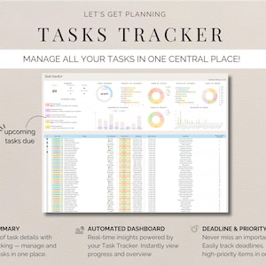 May include: A digital tasks tracker with the text "TASKS TRACKER" and "MANAGE ALL YOUR TASKS IN ONE CENTRAL PLACE!". The tracker displays charts, graphs, and a detailed task list. Additional text includes "TASK SUMMARY", "AUTOMATED DASHBOARD", and "DEADLINE & PRIORITY TRACKER".