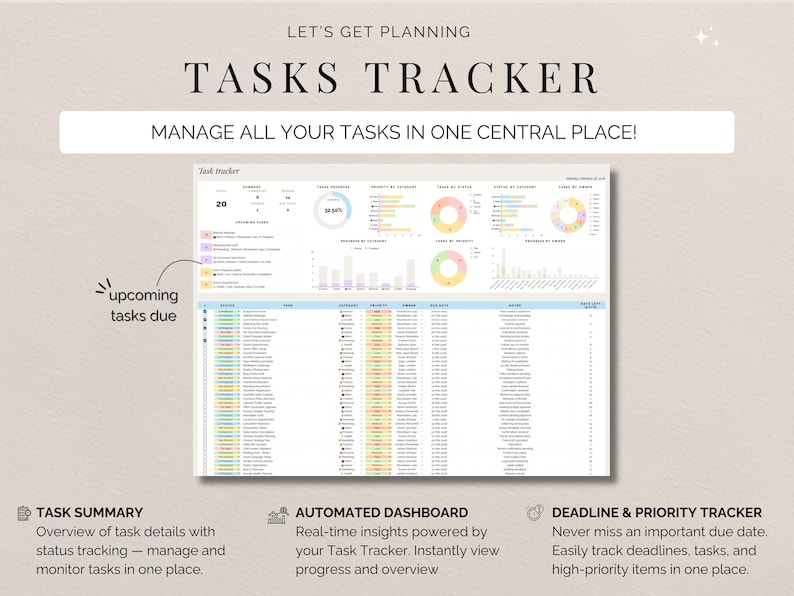 May include: A digital tasks tracker with the text "TASKS TRACKER" and "MANAGE ALL YOUR TASKS IN ONE CENTRAL PLACE!". The tracker displays charts, graphs, and a detailed task list. Additional text includes "TASK SUMMARY", "AUTOMATED DASHBOARD", and "DEADLINE & PRIORITY TRACKER".