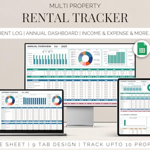 May include: A Google Sheet template for tracking multiple rental properties. The template includes tabs for annual overview, expense overview, and property dashboards. The template is designed to track up to 10 properties.