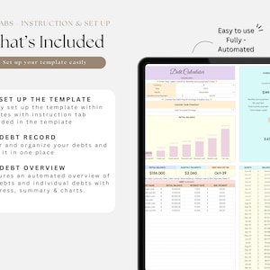 May include: A digital debt calendar template with a light blue, yellow, and pink color scheme. The template includes a debt overview, debt record, and a set up tab. The template is fully automated and easy to use.