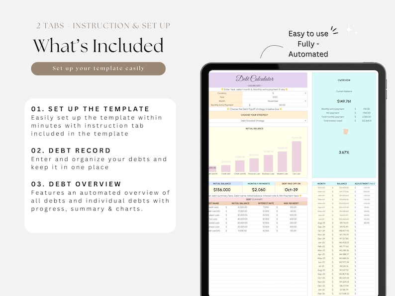 May include: A digital debt calendar template with a light blue, yellow, and pink color scheme. The template includes a debt overview, debt record, and a set up tab. The template is fully automated and easy to use.