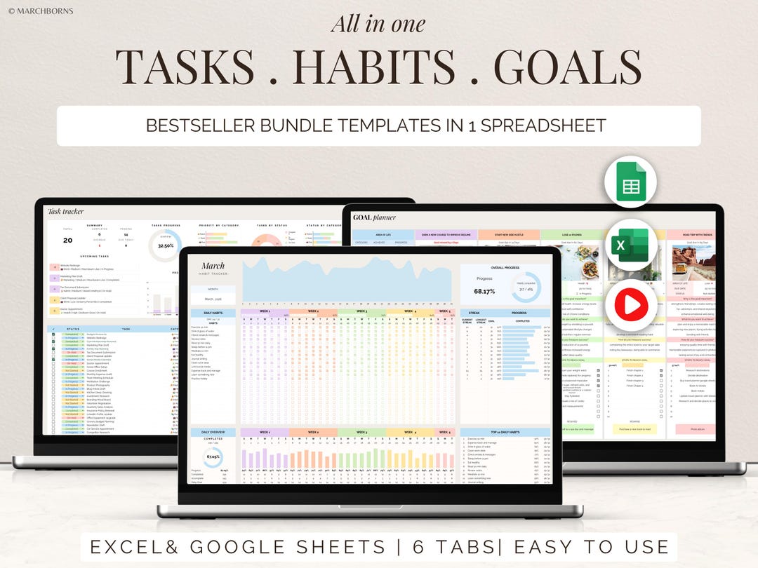 Excel Task Habit Goal Tracker Google Sheets ADHD Productivity Planner ...