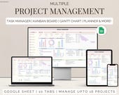 Project Management Google Sheet Task planner spreadsheet template Gantt Chart Kanban board multi projects tracker manager small business