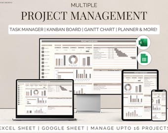 Project Management Excel Template Google sheets Multi Project Tracker Spreadsheet Task Planner, Checklist & Dashboard Kanban board Gantt