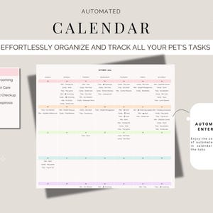 K&ouml;nnte beinhalten: Ein Haustierkalender mit dem Wort "CALENDAR" in gro&szlig;en, fetten Buchstaben. Der Kalender soll die Aufgaben von Haustieren m&uuml;helos organisieren und verfolgen. Er enth&auml;lt automatisierte Eintr&auml;ge und Abschnitte f&uuml;r Pflege.