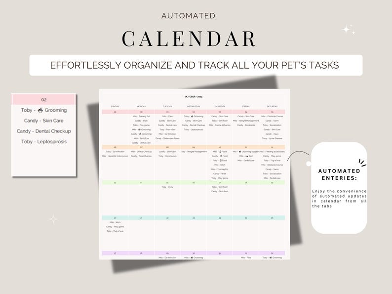 K&ouml;nnte beinhalten: Ein Haustierkalender mit dem Wort "CALENDAR" in gro&szlig;en, fetten Buchstaben. Der Kalender soll die Aufgaben von Haustieren m&uuml;helos organisieren und verfolgen. Er enth&auml;lt automatisierte Eintr&auml;ge und Abschnitte f&uuml;r Pflege.