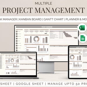 Puede incluir: Una pantalla de ordenador que muestra un panel de control de gestión de proyectos con un diagrama de Gantt, un gestor de tareas y un tablero Kanban. El panel de control está diseñado con un estilo minimalista y una paleta de colores neutros. El texto en la pantalla dice "Panel de control del proyecto".