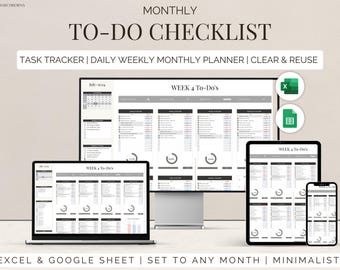 May include: A digital monthly to-do checklist template in Excel and Google Sheets format. The template is designed to be clear and reusable, with a minimalist aesthetic. It includes a calendar, weekly to-do lists, and progress trackers.