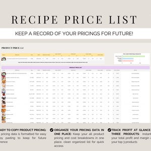 May include: A recipe price list with the text "RECIPE PRICE LIST" and "KEEP A RECORD OF YOUR PRICINGS FOR FUTURE!". The document includes a product price list with columns for product, price, and profit. Additional text includes "Ready to copy data".