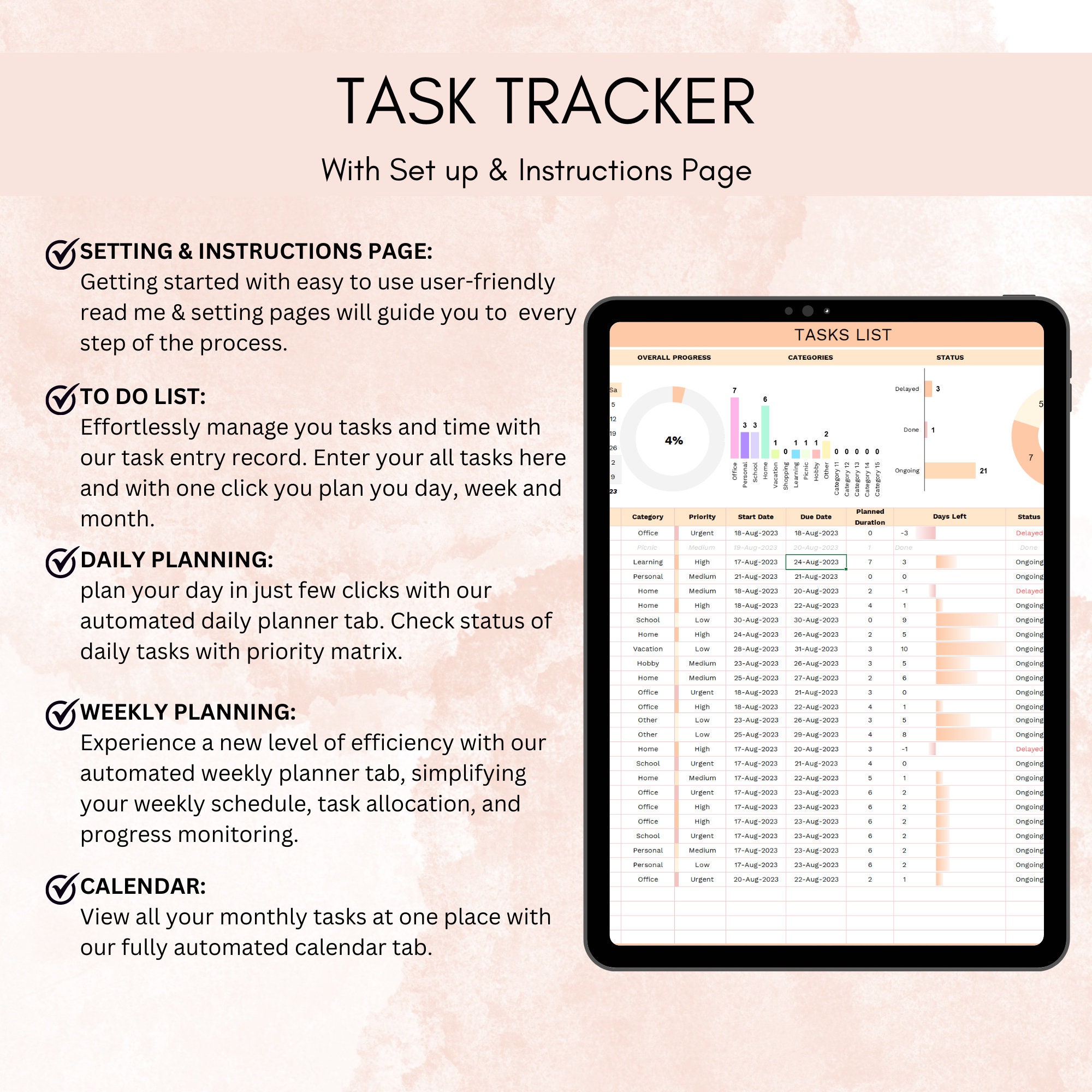 Task Tracker Excel Template Daily, Weekly, Monthly Planner Digital to ...