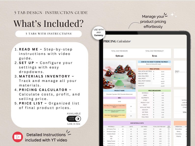 Excel and Google Sheets recipe cost calculator template for small business pricing, handmade business, bakery