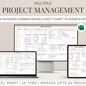 May include: A digital project management dashboard displayed on a laptop, desktop monitor, tablet, and smartphone. The screens show charts, graphs, and data visualizations. Text includes "PROJECT MANAGEMENT", "TASK MANAGER", and "EXCEL SHEET".
