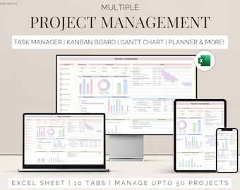 Excel Multi Project Management template Small Business planner Team task tracker Kanban board Gantt chart calendar To-Do Work Organization